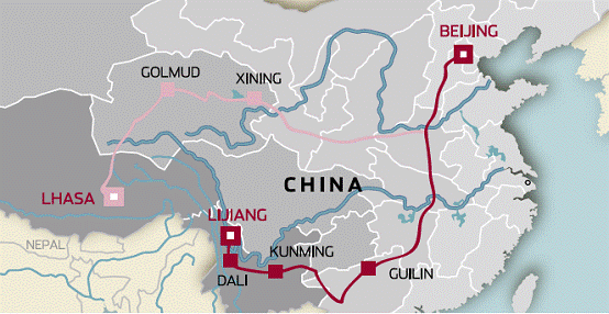 Tangula Train Routes Southern Route Beijing to Lijiang / Lijiang to Beijing